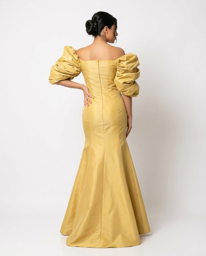 off-shoulder satin mermaid maxi dress with puff sleeves – ODD- AURELIA