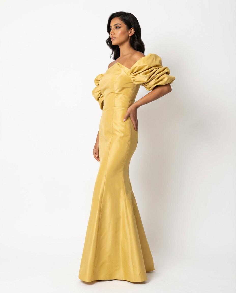 off-shoulder satin mermaid maxi dress with puff sleeves – ODD- AURELIA