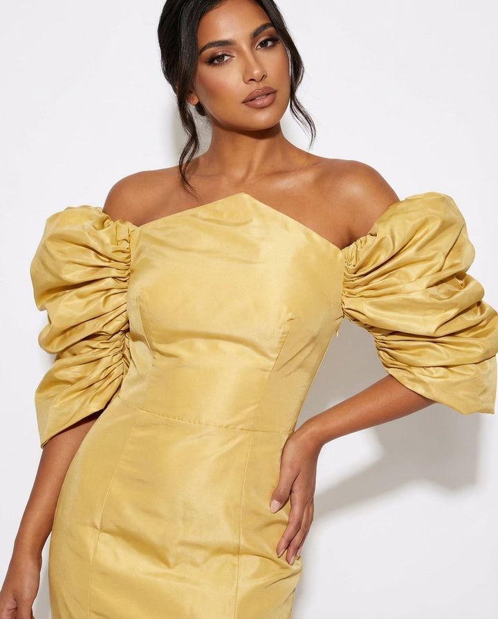 off-shoulder satin mermaid maxi dress with puff sleeves – ODD- AURELIA