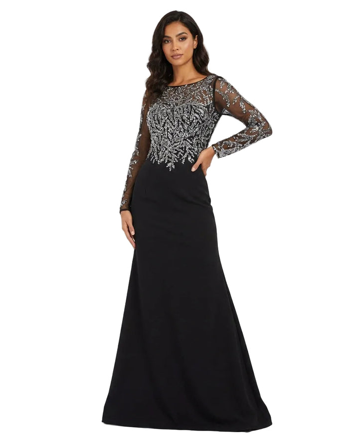long-sleeve embellished mesh maxi dress with fitted silhouette – NOIRÉ