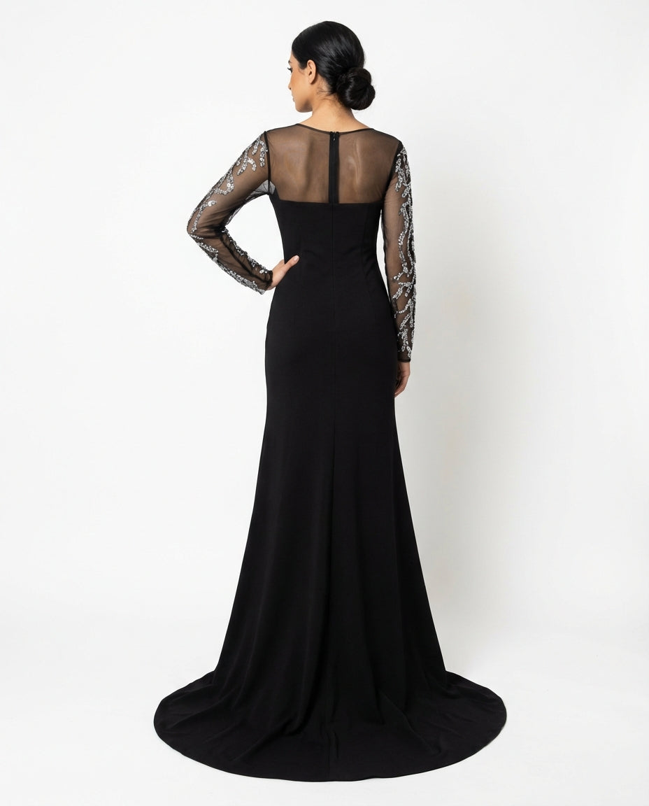 long-sleeve embellished mesh maxi dress with fitted silhouette – ODD- NOIRÉ