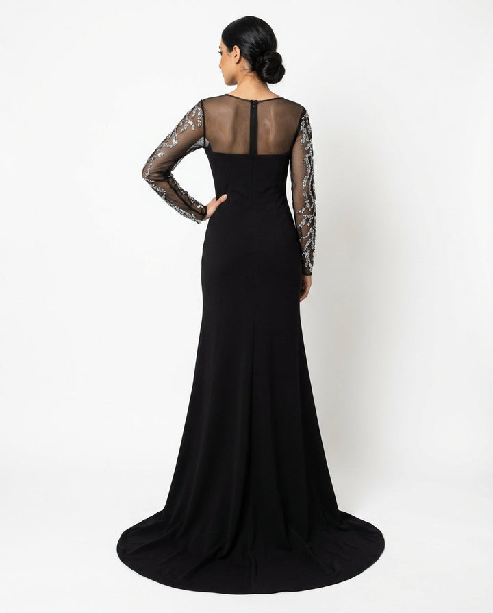 long-sleeve embellished mesh maxi dress with fitted silhouette – ODD- NOIRÉ