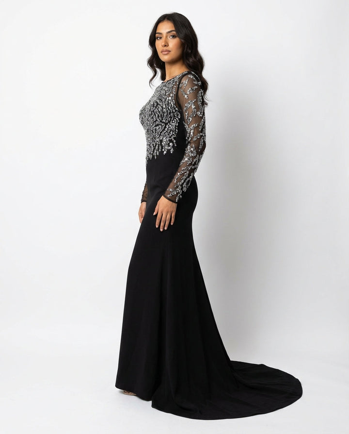 long-sleeve embellished mesh maxi dress with fitted silhouette – ODD- NOIRÉ