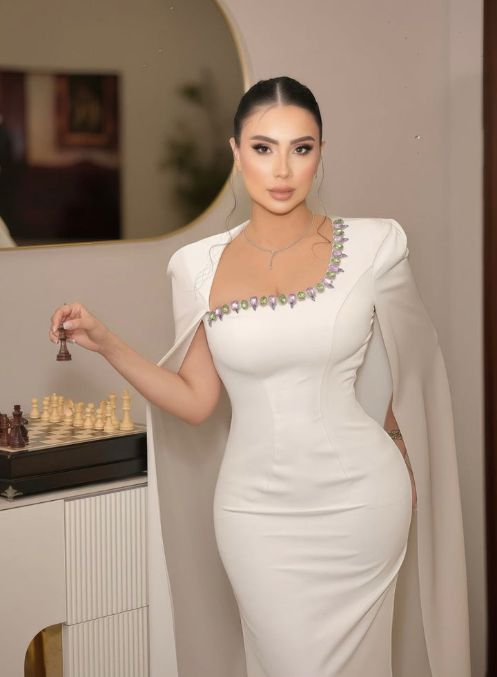 Embellished column dress with floor-length cape - Margaret