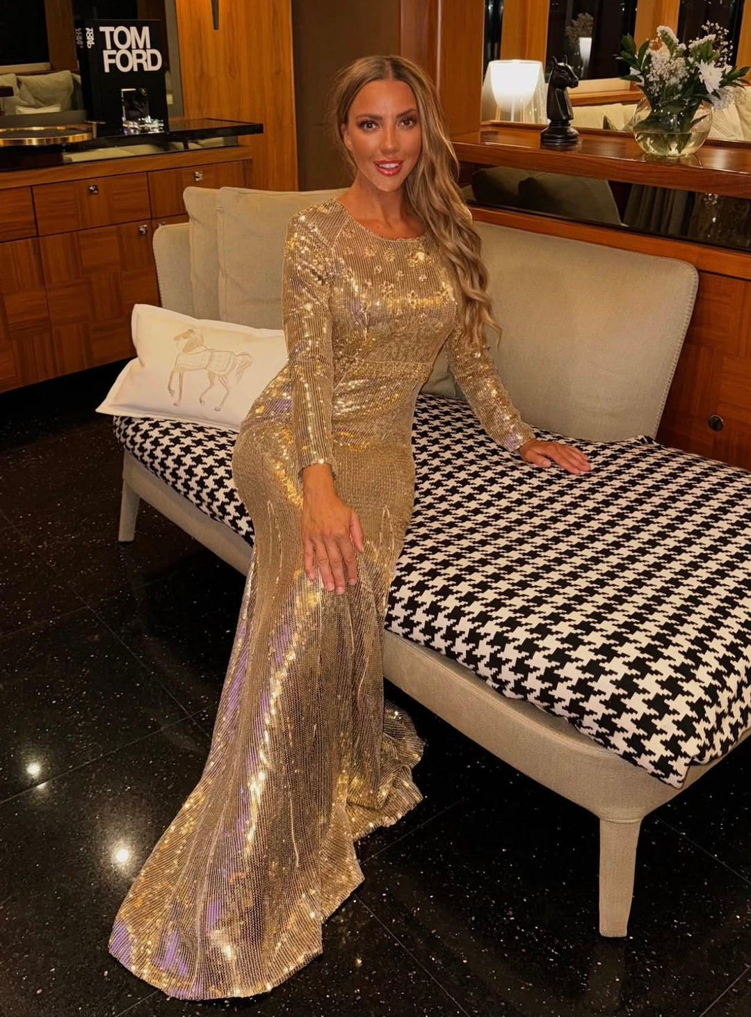 Long sleeve column dress with sequined embellishments - Jinwy