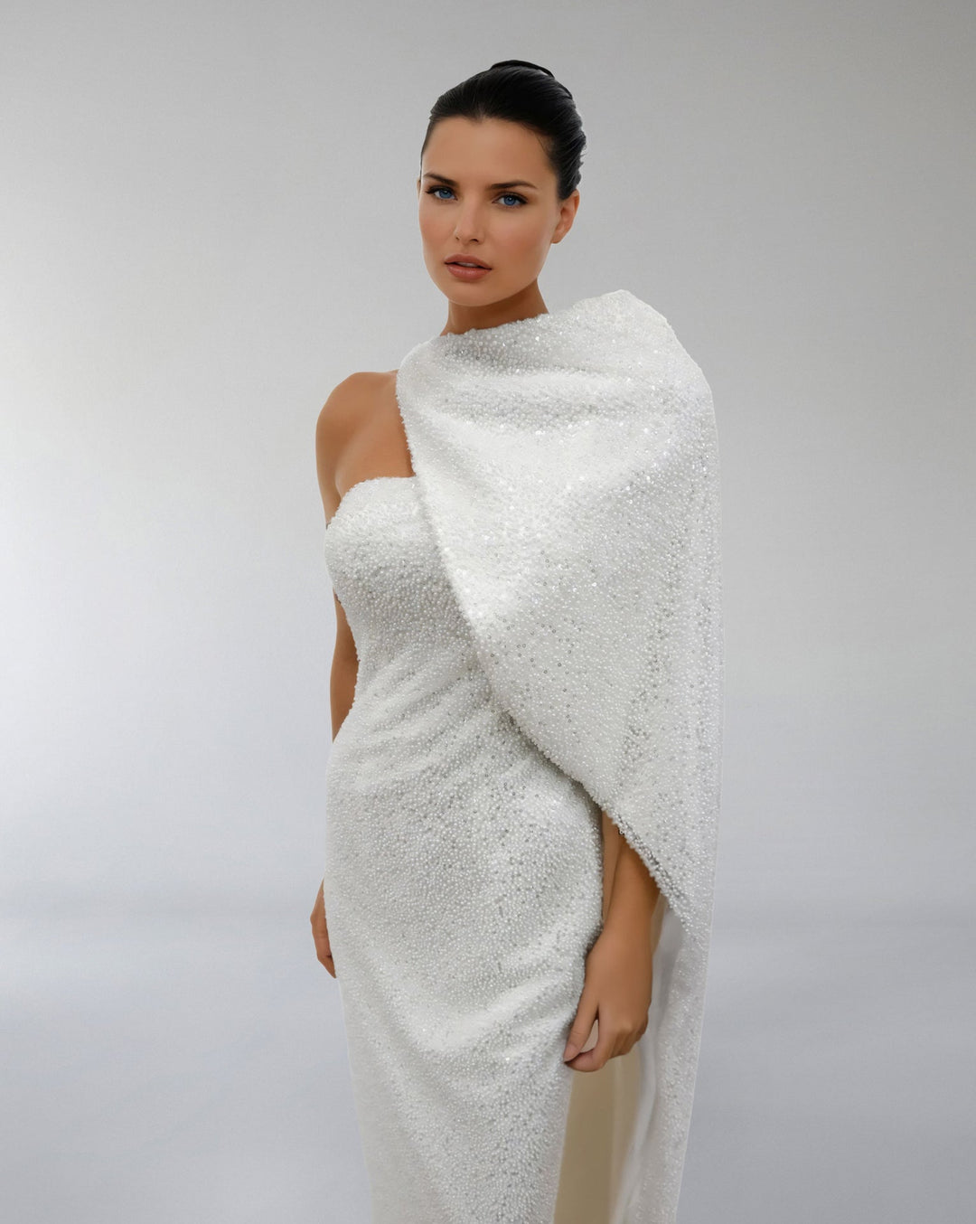 Strapless Sequined Column Dress with Draped Cape – ODD- AUROOR