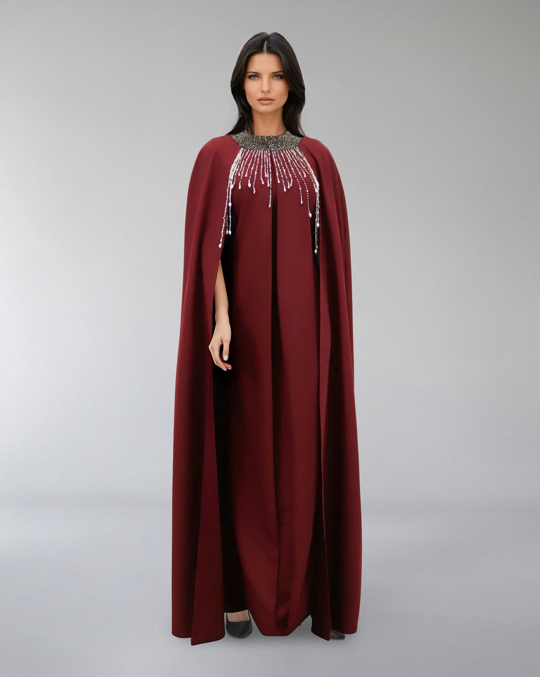 Embellished High-Neck Gown with Flowing Cape – ODD- ASITRD