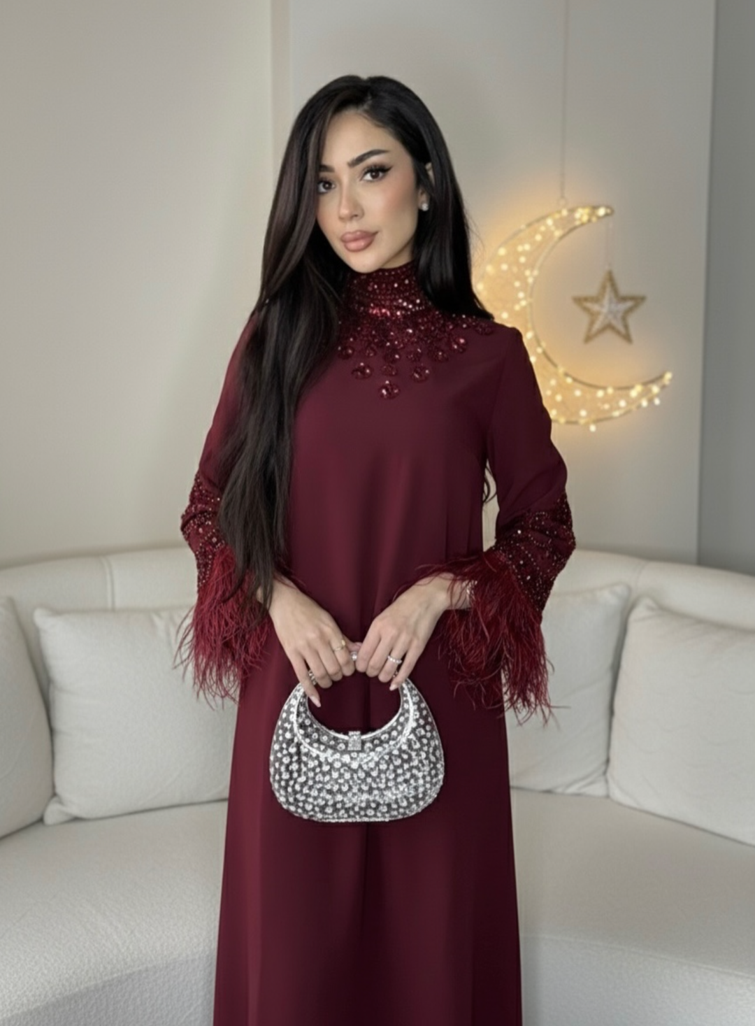 embellished-feather cuff kaftan – Zykeria