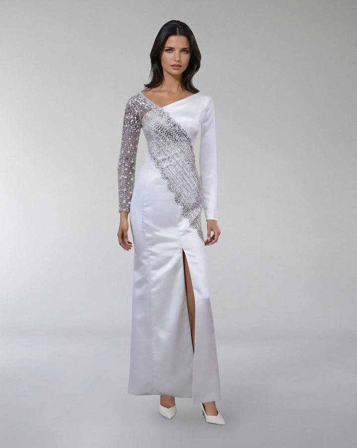 Asymmetrical Embellished Satin Gown with Slit – ODD- LUMINA