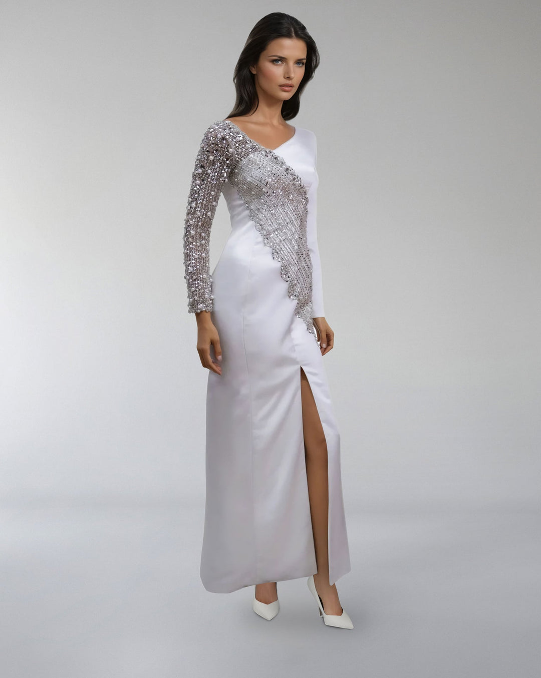 Asymmetrical Embellished Satin Gown with Slit – ODD- LUMINA