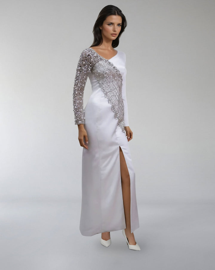 Asymmetrical Embellished Satin Gown with Slit – ODD- LUMINA