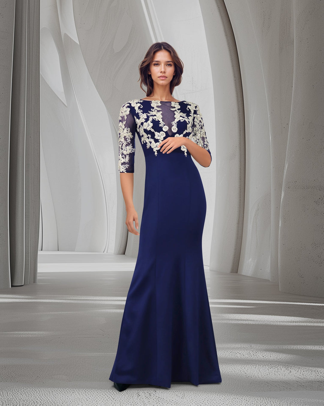ODD-Blue Floor-Length Dress with see-through sequined top-Juwan