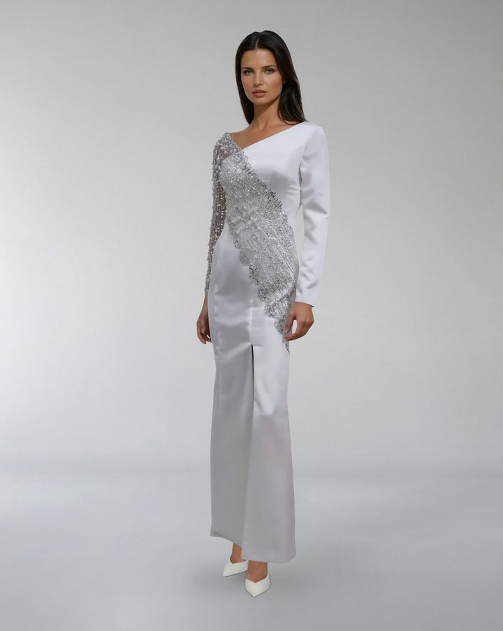 Asymmetrical Embellished Satin Gown with Slit – ODD- LUMINA
