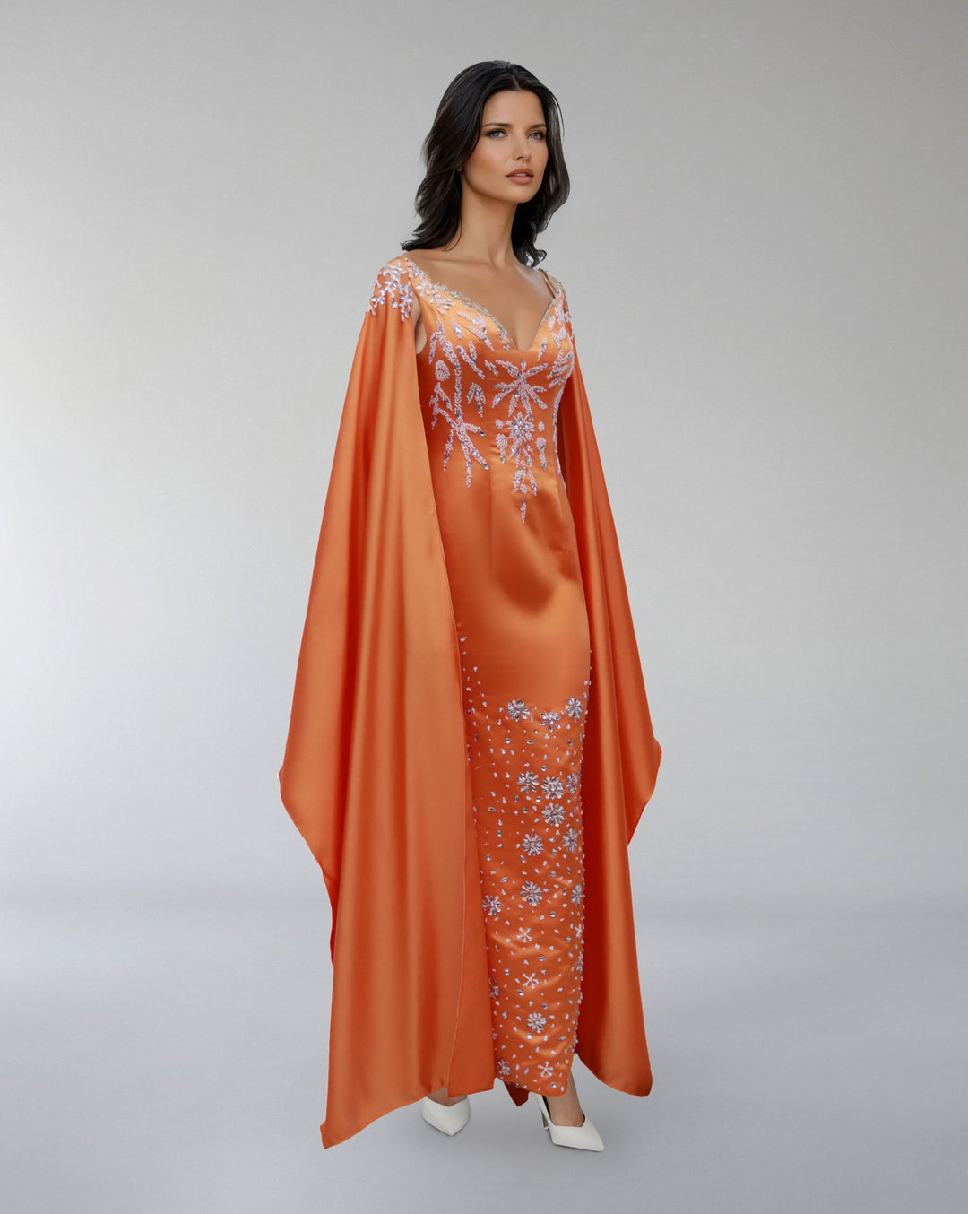 Embroidered Satin Gown with Flowing Cape – ODD- SOLIRA