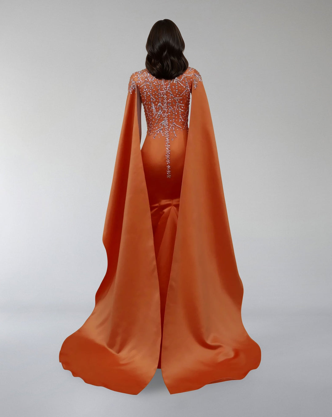 Embroidered Satin Gown with Flowing Cape – ODD- SOLIRA