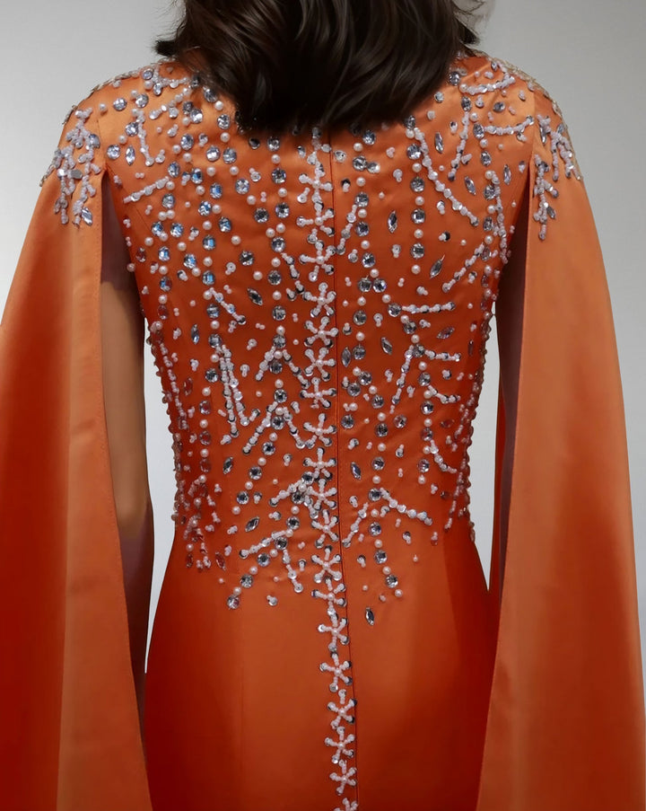 Embroidered Satin Gown with Flowing Cape – ODD- SOLIRA