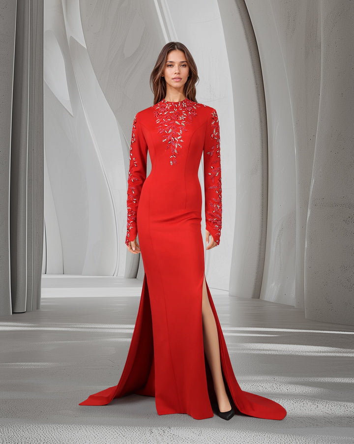 ODD-Beaded long-sleeve dress, with side slits and train-Pascoe