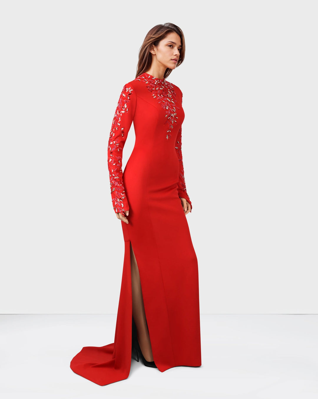 ODD-Beaded long-sleeve dress, with side slits and train-Pascoe