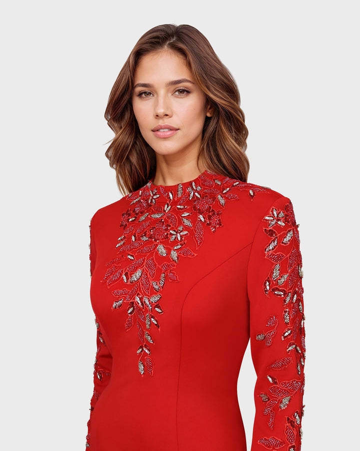 ODD-Beaded long-sleeve dress, with side slits and train-Pascoe