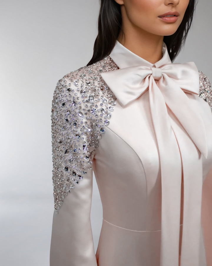 satin gown with sequin sleeves and bow neckline – ODD- AMELISE