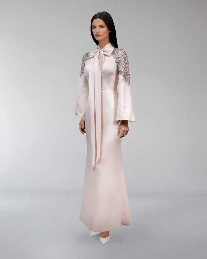 satin gown with sequin sleeves and bow neckline – ODD- AMELISE