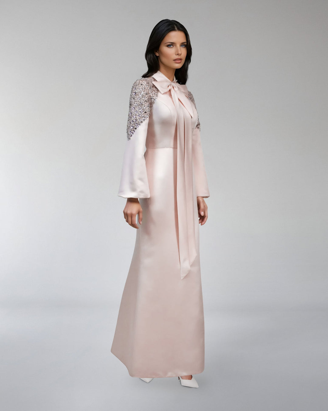 satin gown with sequin sleeves and bow neckline – ODD- AMELISE