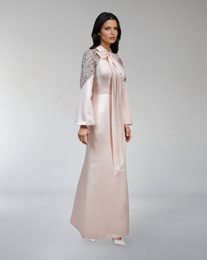 satin gown with sequin sleeves and bow neckline – ODD- AMELISE