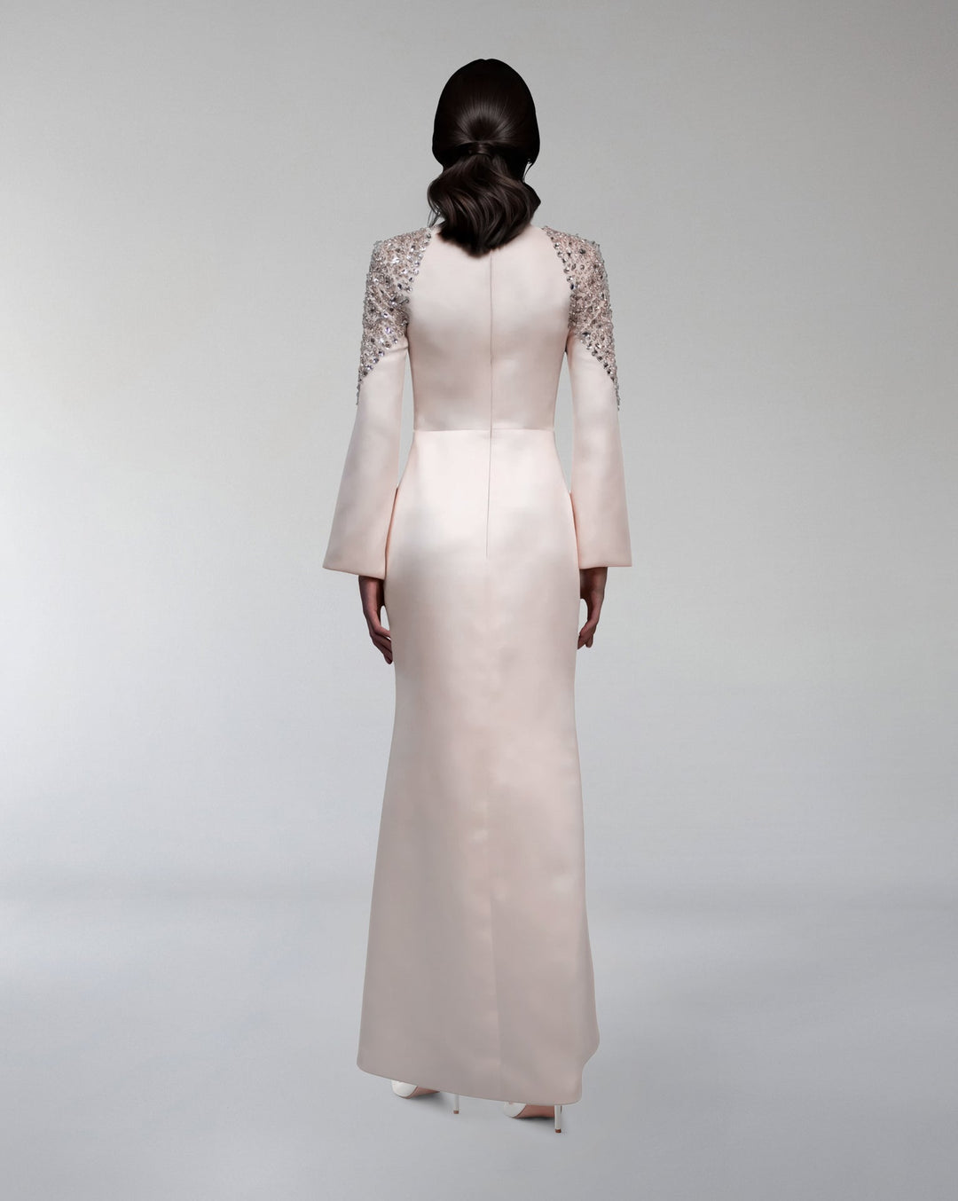 satin gown with sequin sleeves and bow neckline – ODD- AMELISE