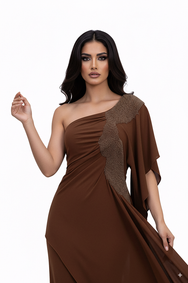 one-shoulder draped gown with embellished panel – ODD- ALIYAA
