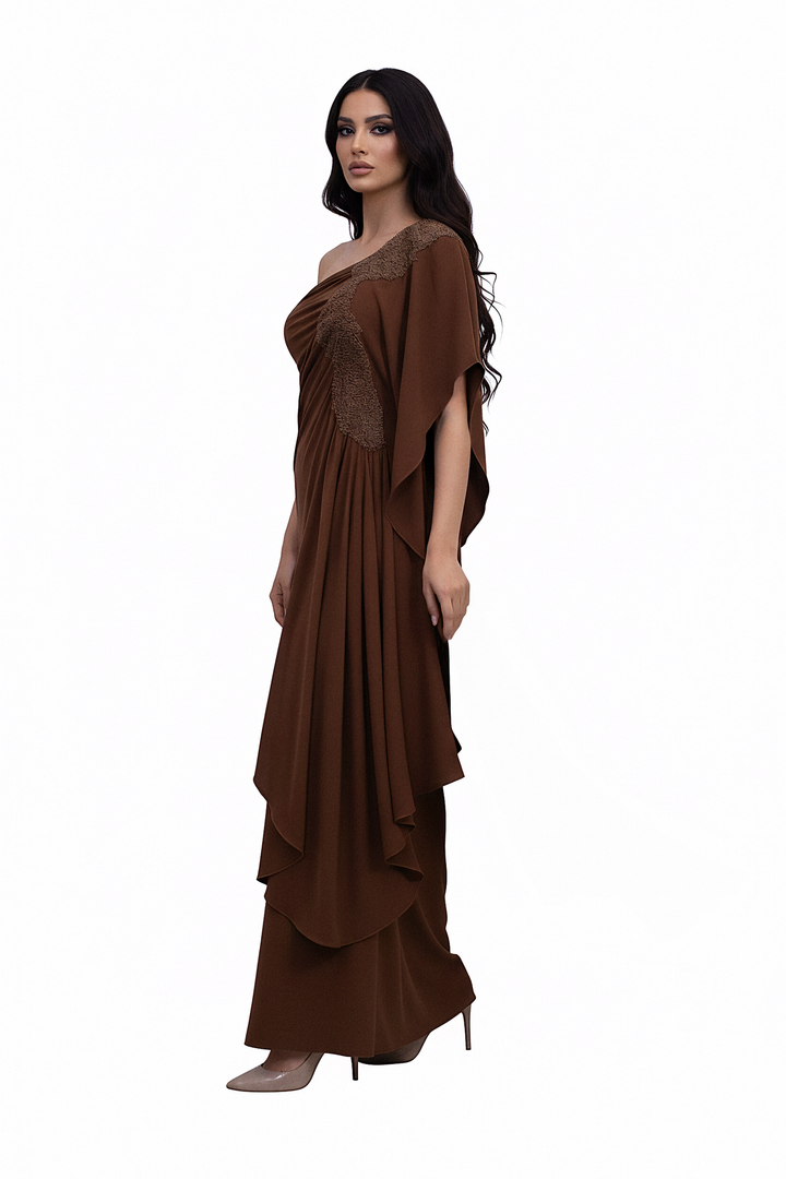 one-shoulder draped gown with embellished panel – ODD- ALIYAA