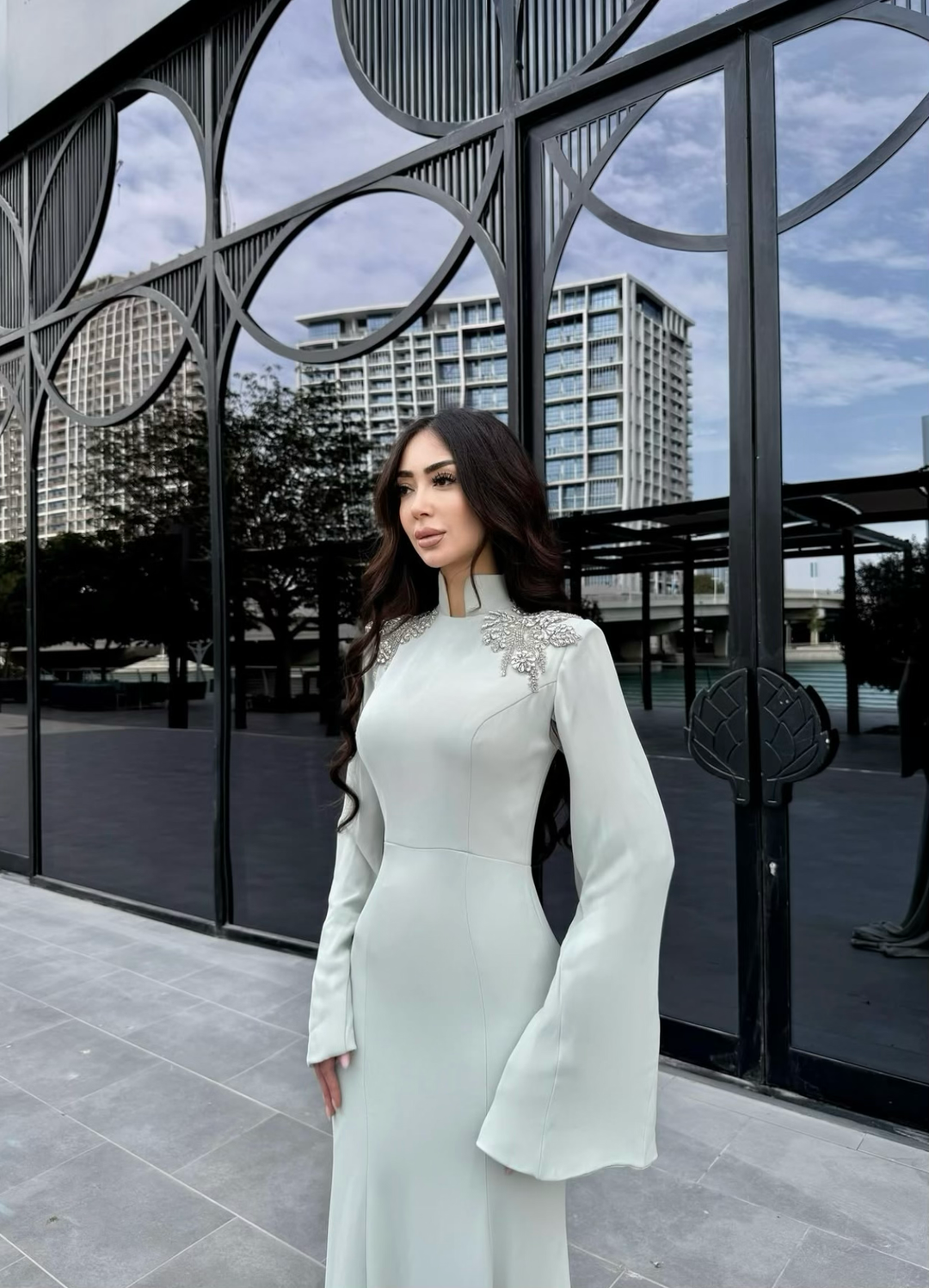 long-sleeve mermaid gown with embellished shoulder – SEGE