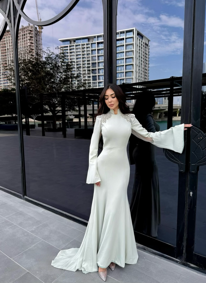 long-sleeve mermaid gown with embellished shoulder – SEGE