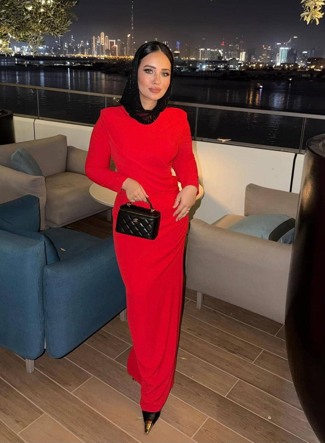 long-sleeve column gown with asymmetrical drape – FIERY