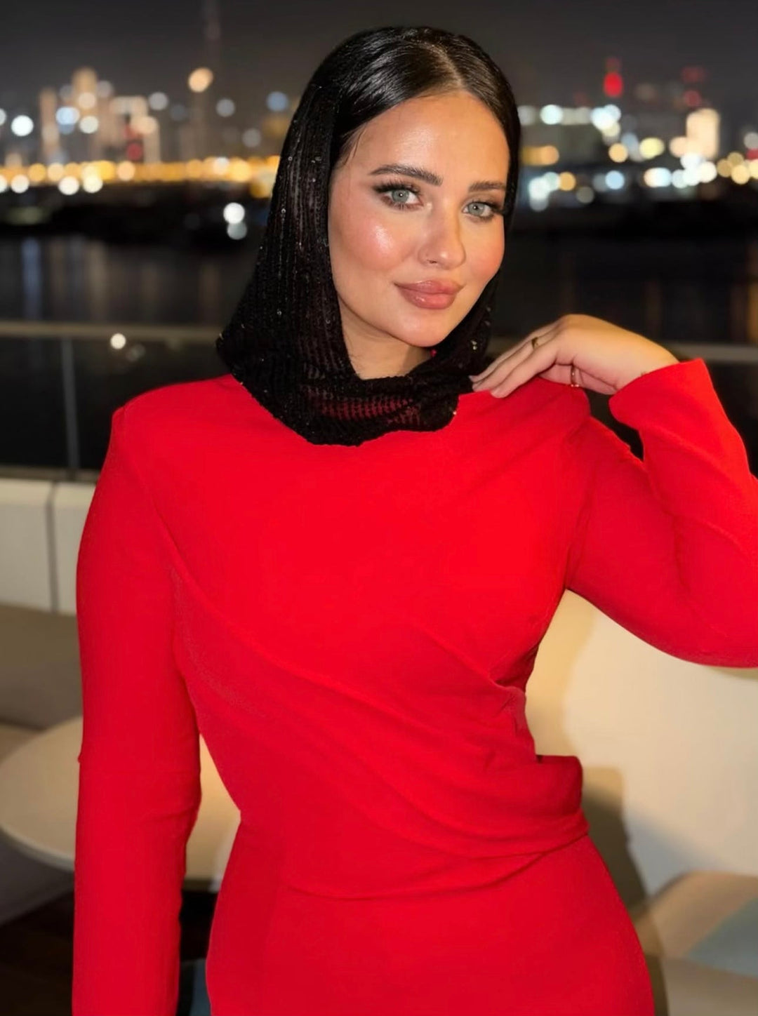 long-sleeve column gown with asymmetrical drape – FIERY