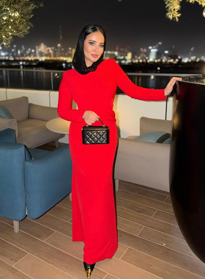long-sleeve column gown with asymmetrical drape – FIERY