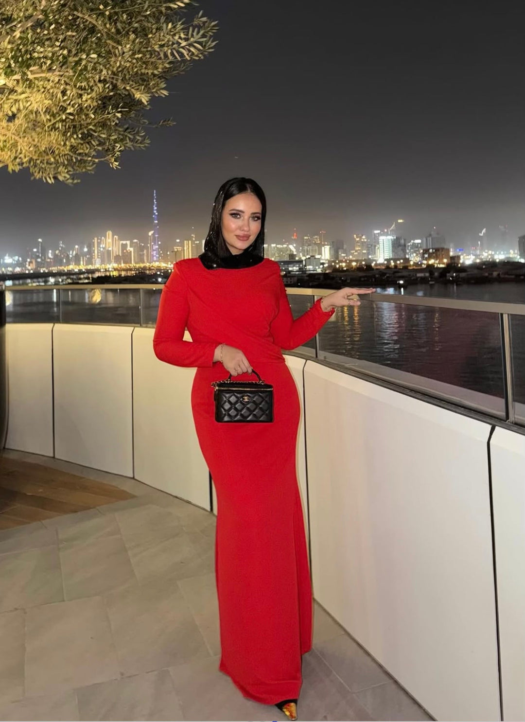 long-sleeve column gown with asymmetrical drape – FIERY