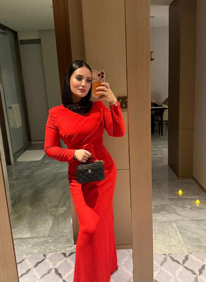 long-sleeve column gown with asymmetrical drape – FIERY
