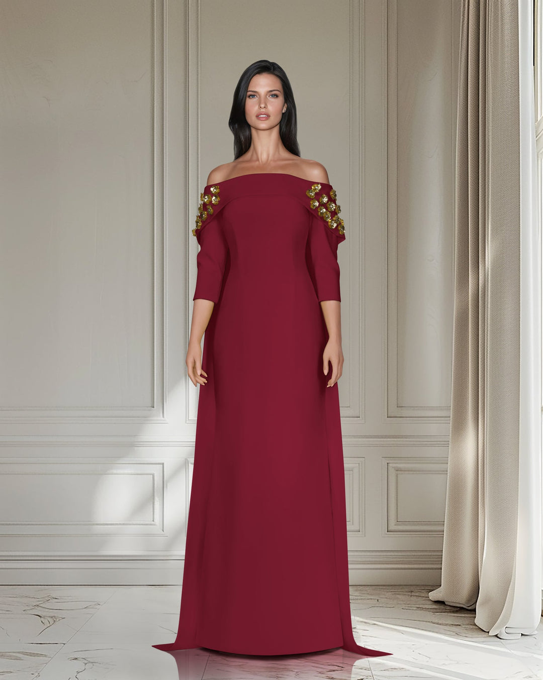 Strapless dress with back cape and 3D flowers - ODD-Zosime