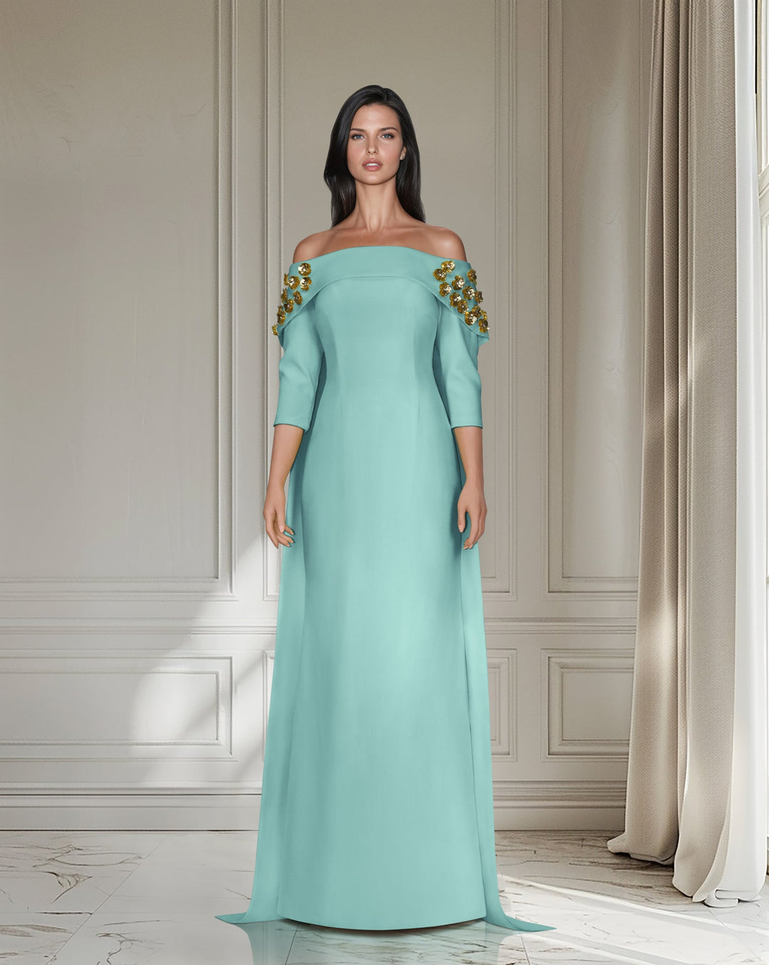 Strapless dress with back cape and 3D flowers - ODD-Zosime