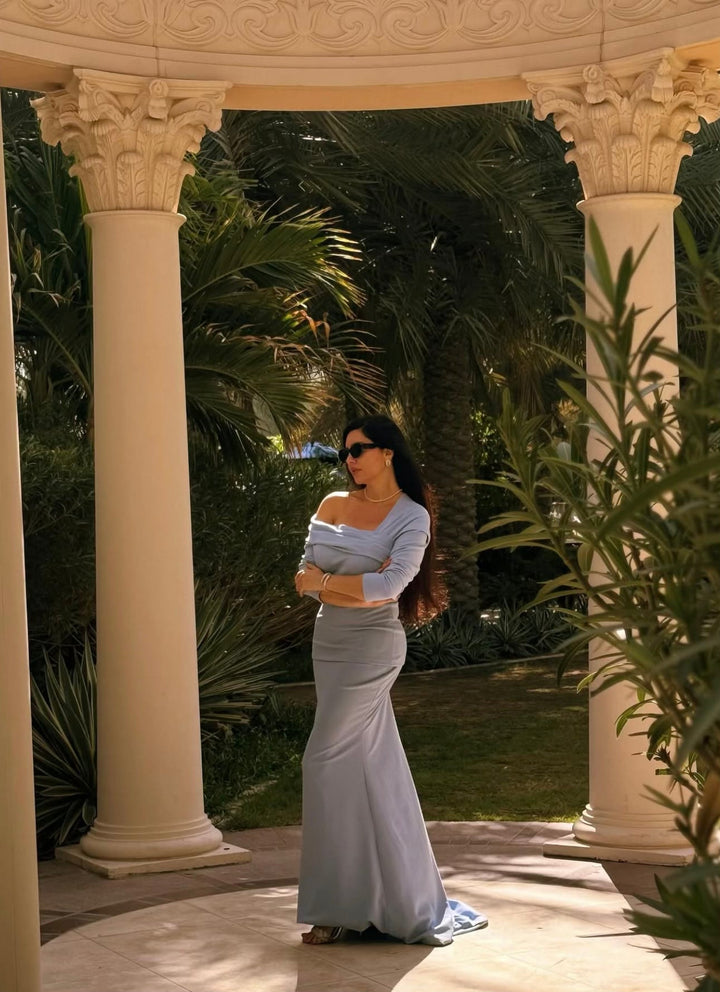 off-shoulder draped gown with peplum waist – SERENL-1