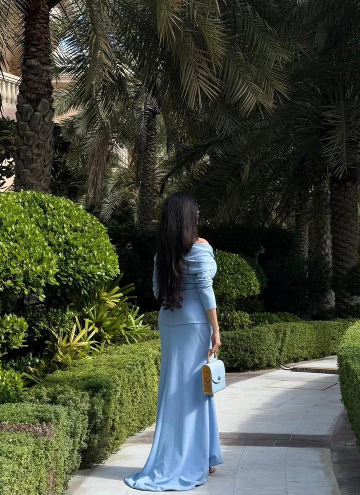 off-shoulder draped gown with peplum waist – SERENL