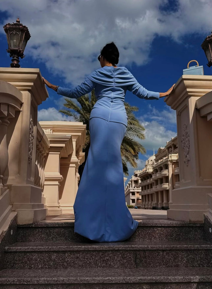 off-shoulder draped gown with peplum waist – SERENL-1