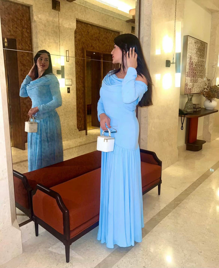 off-shoulder draped jersey gown – ARIA