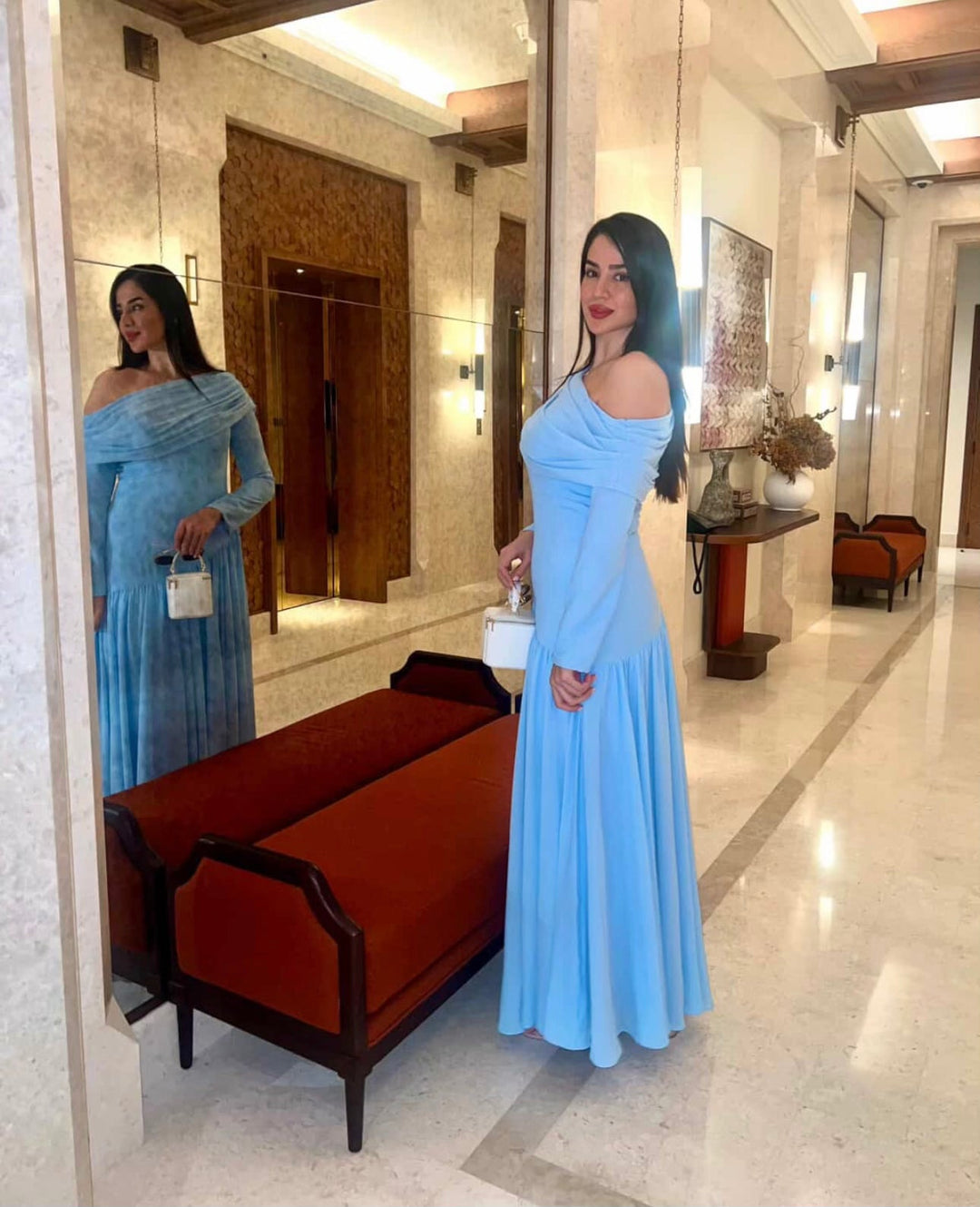 off-shoulder draped jersey gown – ARIA