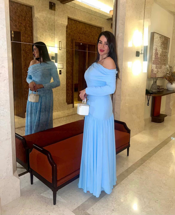 off-shoulder draped jersey gown – ARIA