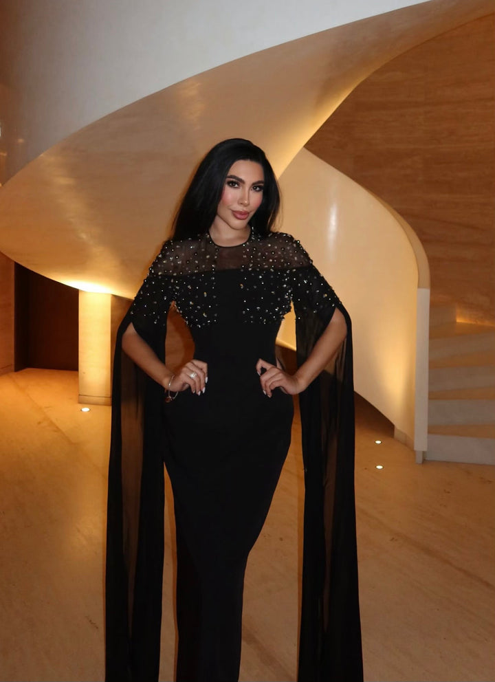 embellished cape-sleeve evening gown – Sherita