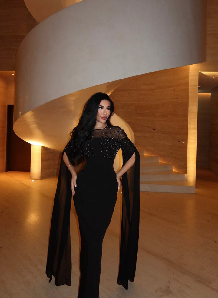 embellished cape-sleeve evening gown – Sherita