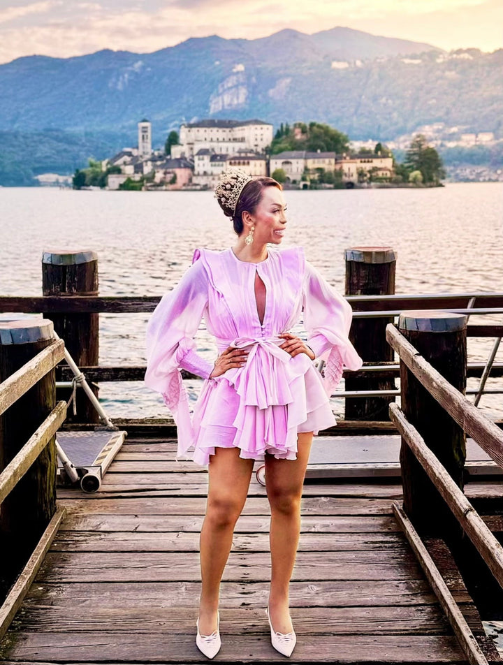 ruffled chiffon mini dress with waist tie – ROSALIE
