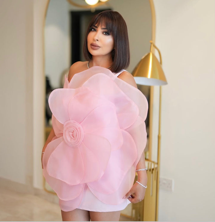 One-shoulder organza mini dress with oversized 3D flower – Barwu