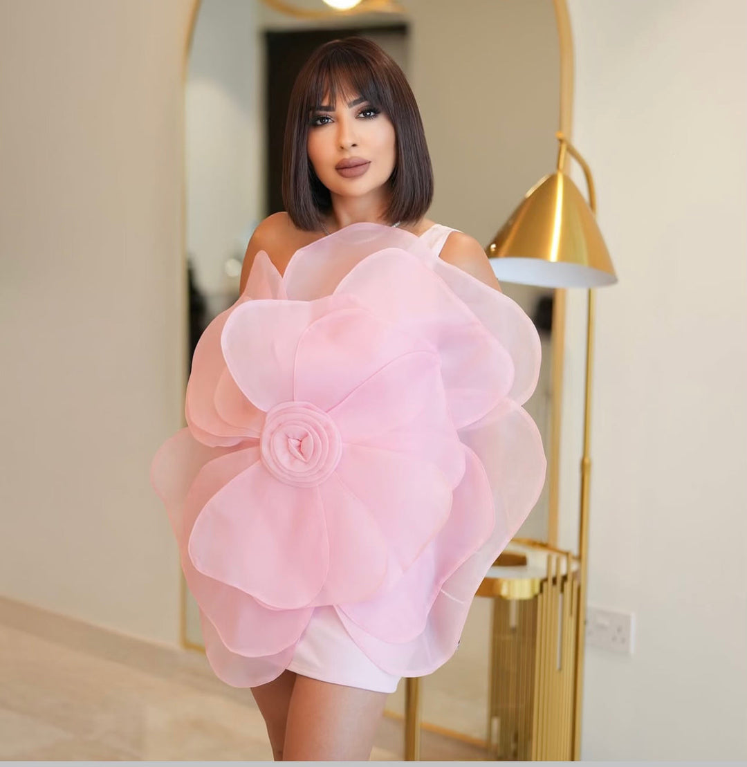 One-shoulder organza mini dress with oversized 3D flower – Barwu